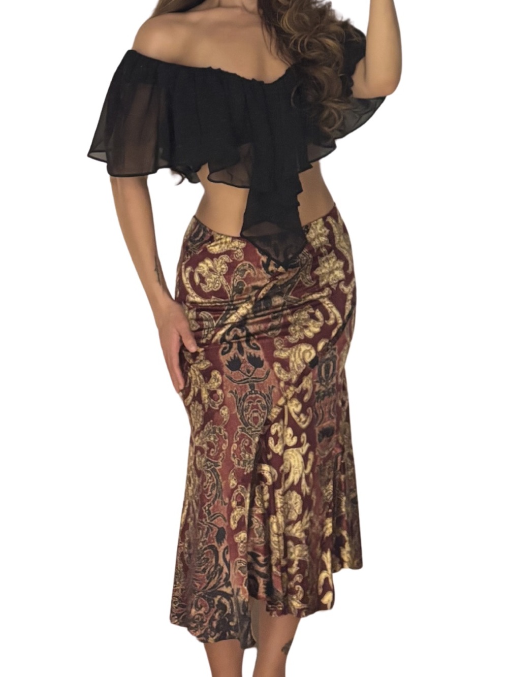 Roberto Cavalli FW2004 Burgundy Silk Baroque Midi Skirt